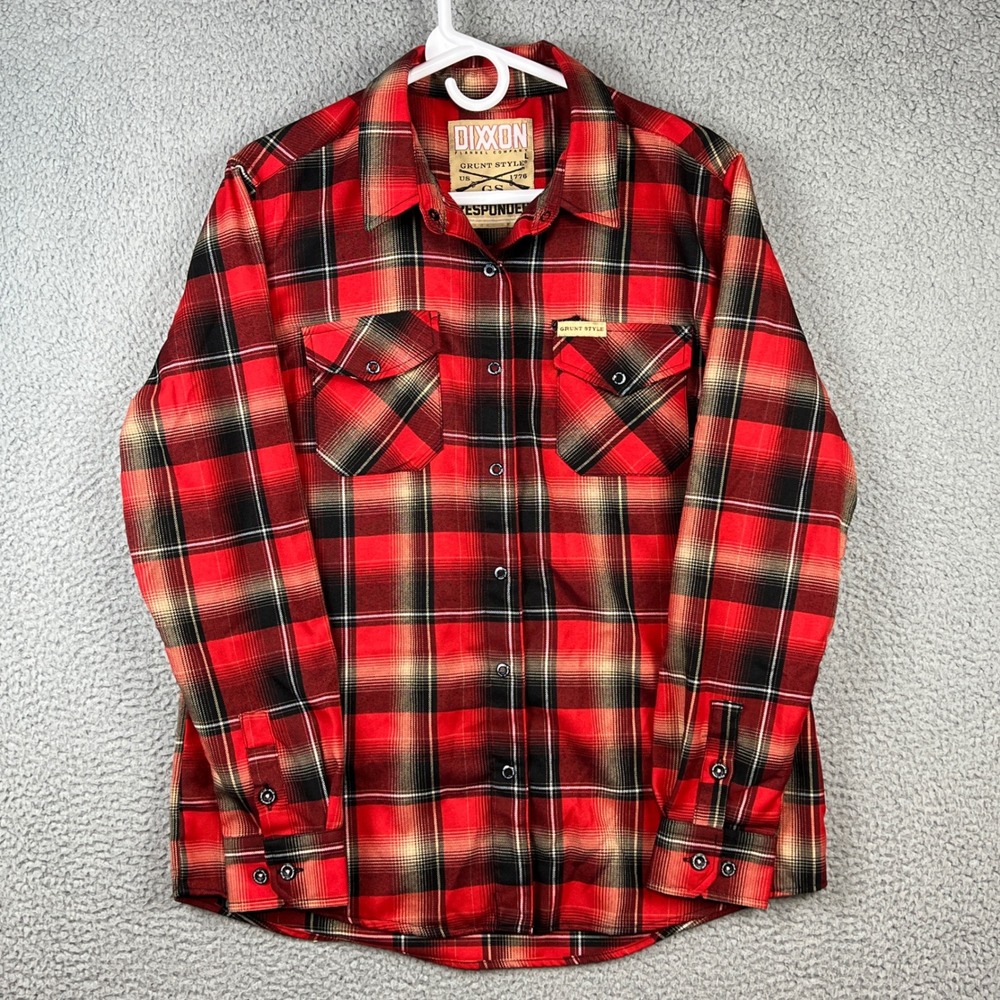 Dixxon Flannel Co x Grunt Style Responder Red Black Plaid Snap Shirt Womens L